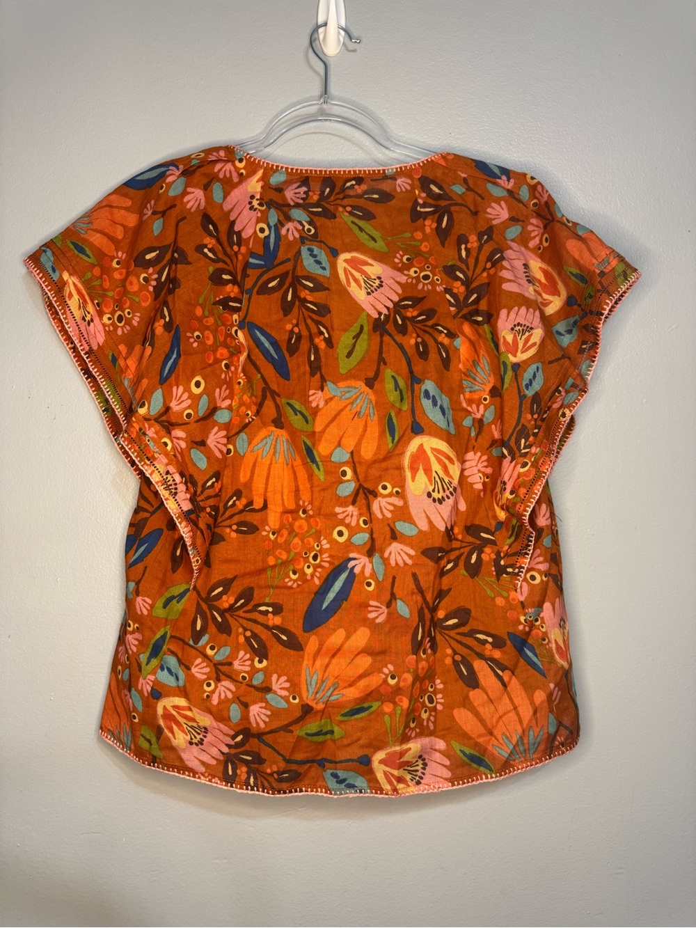 Daniel Rainn Orange Floral Linen Cotton Button-Front Blouse Flutter Sleeve Med - Picture 5 of 10